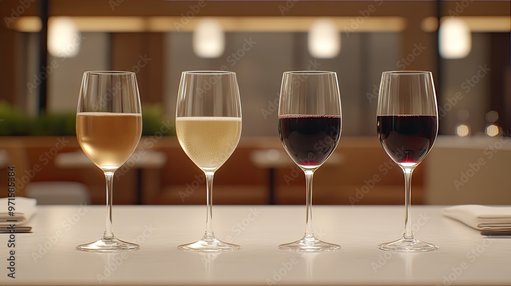 Four beautifully arranged wine glasses showcasing different varieties sit on a sleek table in a warm, inviting restaurant environment Four beautifully arranged wine glasses showcasing different varieties sit on a sleek table in a warm, inviting restaurant environment