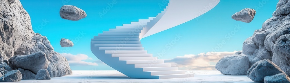 Obraz premium A staircase spiraling upwards into an infinite sky, framed by floating rocks, Surreal, Epic, Cool blues and grays