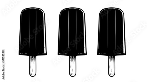 Three artisanal popsicles placed neatly in a row on a clean countertop without any visible toppings or garnishes, vector illustration art