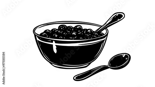 A transparent bowl with fruit compote, placed on a kitchen counter beside a spoon, vector illustration art