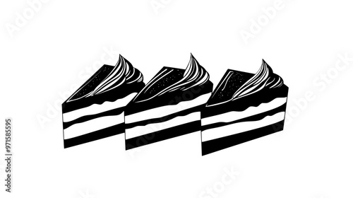 Three tiramisu slices in a triangular formation, no background details, vector illustration art