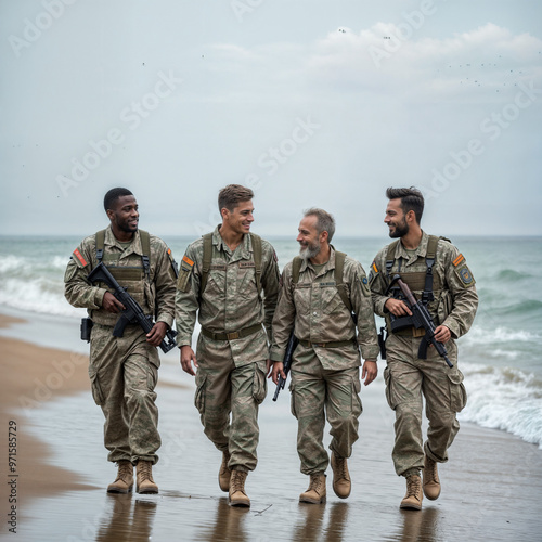 soldier beach holiday walking group diversity sea