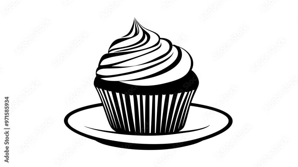 Vanilla cupcake with swirl of frosting on plain white plate, vector illustration art Vanilla cupcake with swirl of frosting on plain white plate, vector illustration art