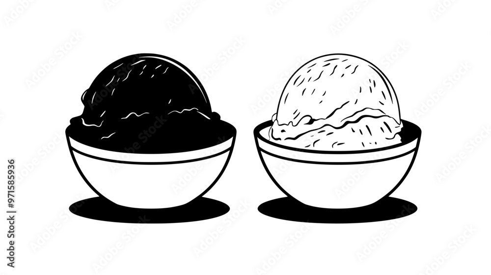 Two gelato scoops side by side in a small dish on a countertop with no utensils, vector illustration art Two gelato scoops side by side in a small dish on a countertop with no utensils, vector illustration art
