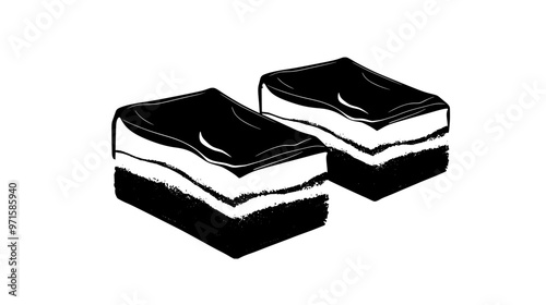 Two tiramisu portions aligned in a straight row on a smooth surface, vector illustration art