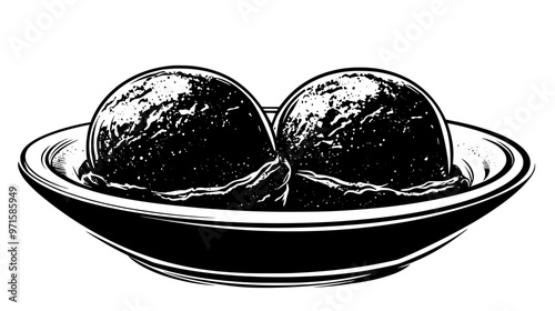 Two scoops of sorbet side by side in a dish on a tabletop with no toppings, vector illustration art