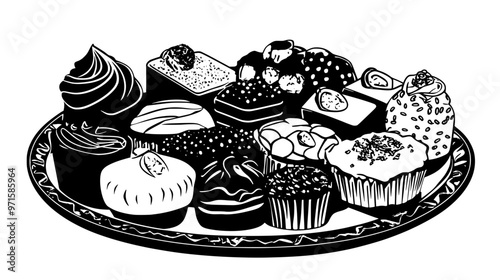 Sweet pastries and confections on a decorative serving plate, vector illustration art