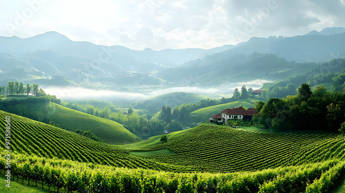 Serene landscape with rolling hills and vineyards under a cloudy sky.