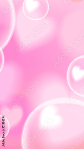 Cute unicorn bokeh story background with bubbles and hearts. Stock vector illustration in cartoon anime style.