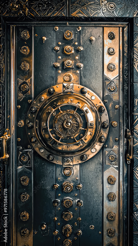 An artistic representation of bank vault door showcasing intricate details and textures