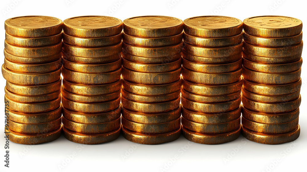 Stacks of shiny gold coins arranged in neat columns, symbolizing wealth and investment. Stacks of shiny gold coins arranged in neat columns, symbolizing wealth and investment.