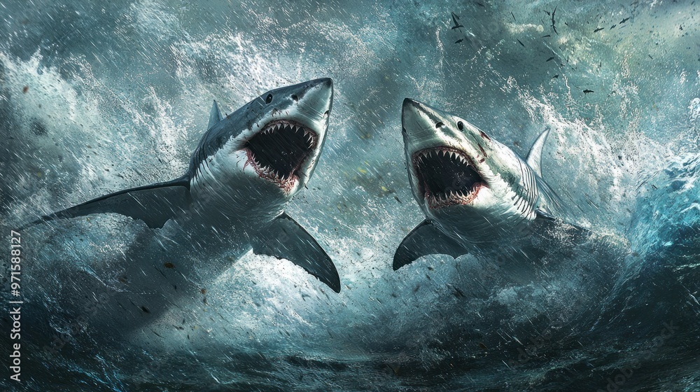 Fototapeta premium Two Great White Sharks Emerging From Turbulent Water