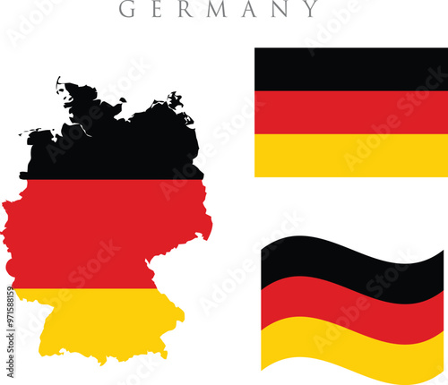 german flag illustration . Set of german flags, in different styles - , waving flag , and map design. Represents the state of Germany. Germany Map Flag. Map of the Federal Republic of Germany with the