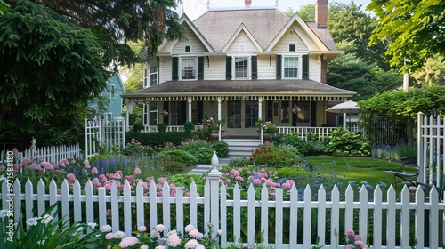 White picket fence and charming Victorian house with a lush green garden