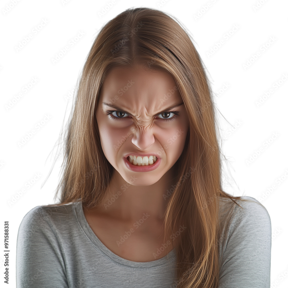 Young woman with angry face and bared teeth wearing gray shirt isolated on transparent background