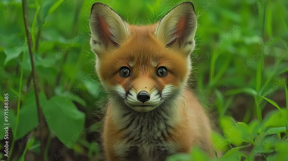   A close-up of a baby fox in a field of grass and plants, with a blue-eyed gaze on its face