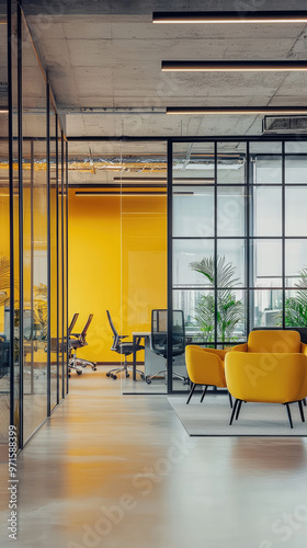 Bright and vibrant office with ergonomic seating and glass walls, creating modern workspace photo