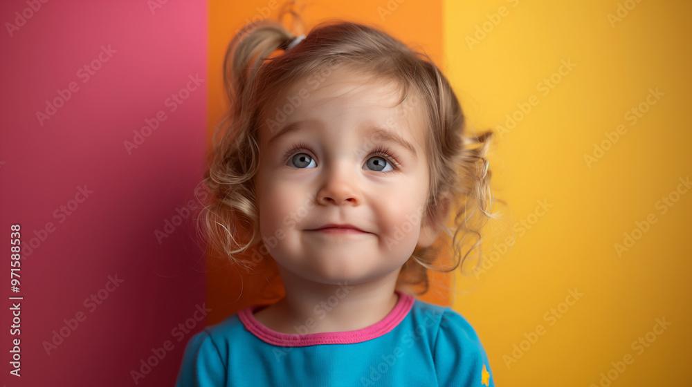 Cute blondie Baby Girl with curly hair looking up on pink and yellow Background. Happy Childhood Concept. Suitable for Poster, Web, Banner, Brochure Cute blondie Baby Girl with curly hair looking up on pink and yellow Background. Happy Childhood Concept. Suitable for Poster, Web, Banner, Brochure