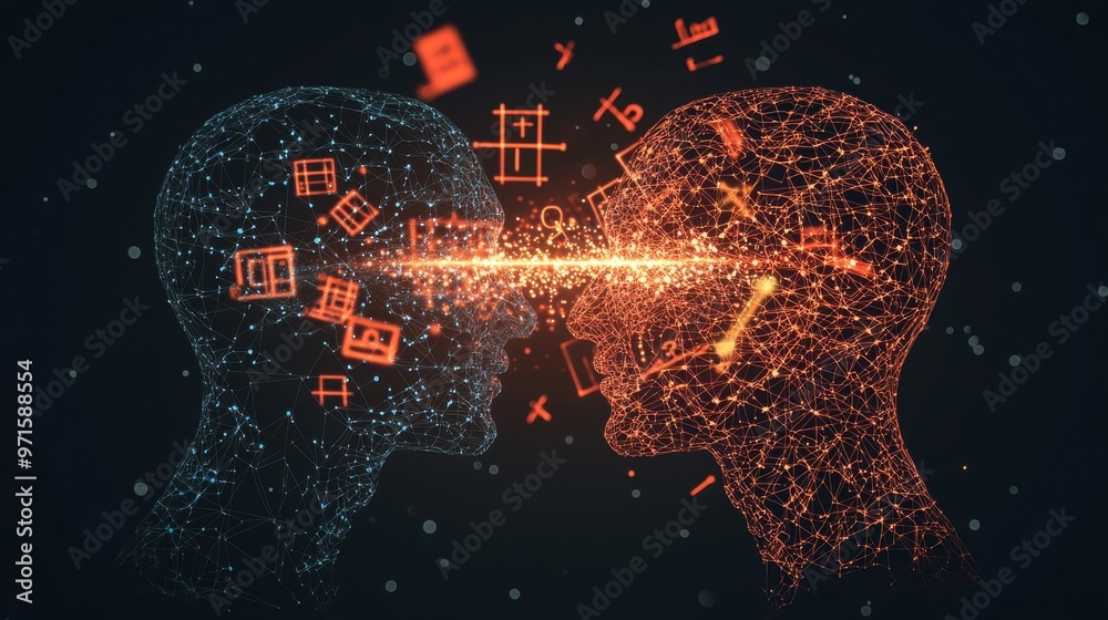 Two heads connected by a beam of light with floating mathematical formulas and scientific symbols, symbolizing knowledge being passed from one person to another Two heads connected by a beam of light with floating mathematical formulas and scientific symbols, symbolizing knowledge being passed from one person to another