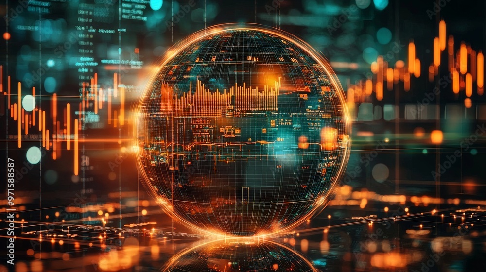 Fototapeta premium Digital Globe Data Visualization with Orange and Green Hues, 3D Rendered Sphere with Glowing Lines and Data, Technology, Innovation, Data Analytics, Digital World, Data Analytics