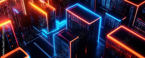 Futuristic cityscape with glowing neon buildings in vibrant orange and blue lights, showcasing a modern digital landscape.