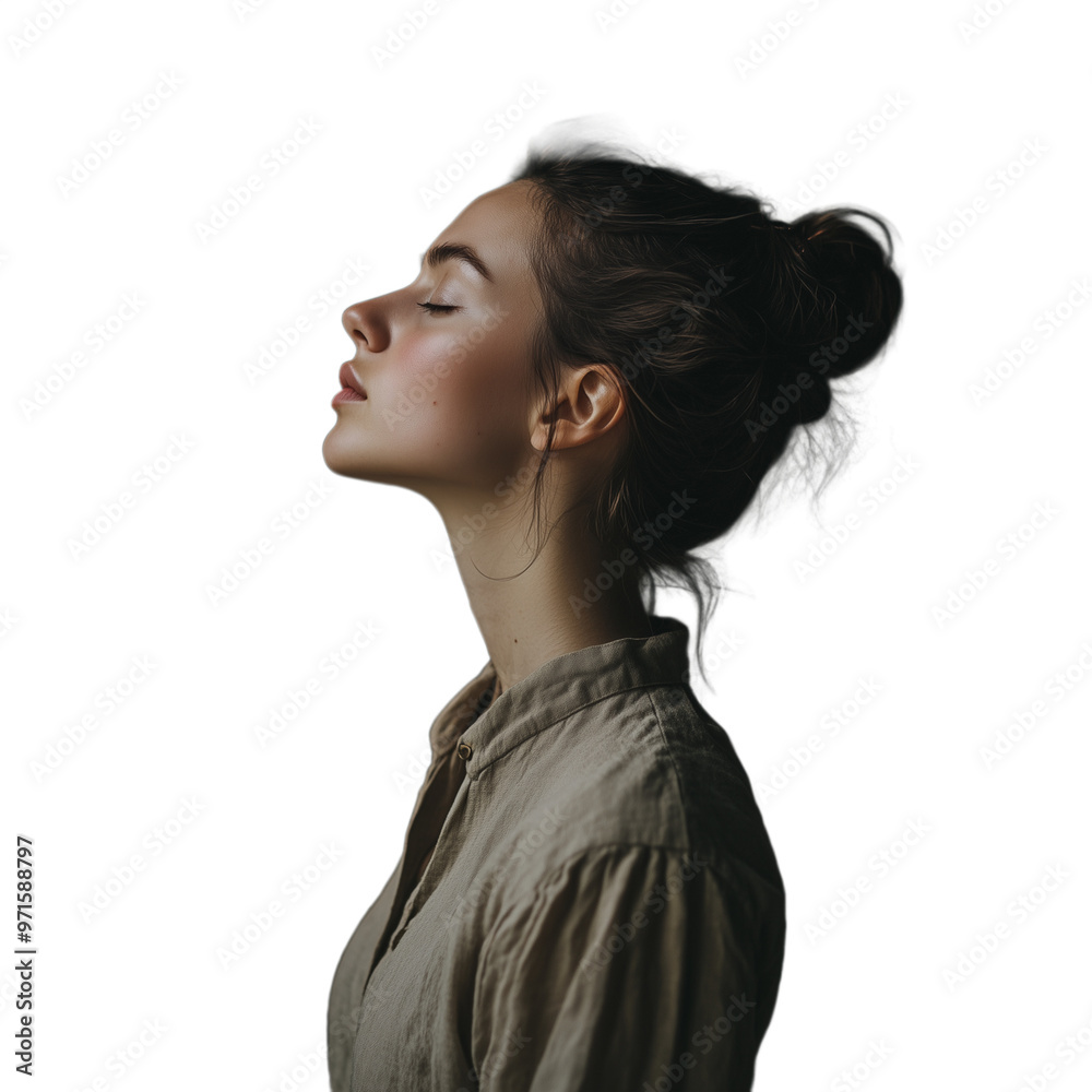 Side profile of a young woman with serene expression isolated on transparent background