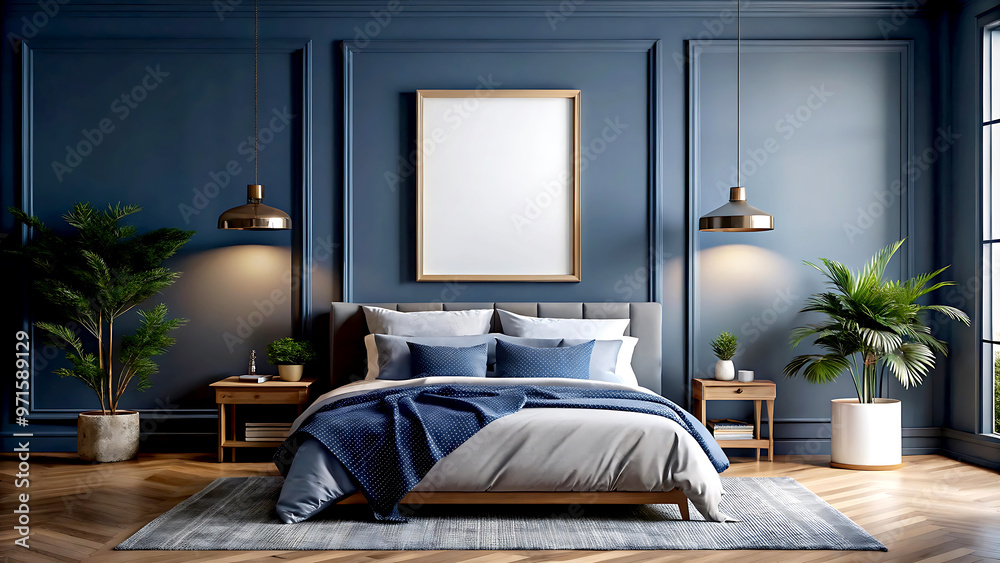 Fototapeta premium Frame mockup in cozy dark blue bedroom interior, 3d render, white Mock up