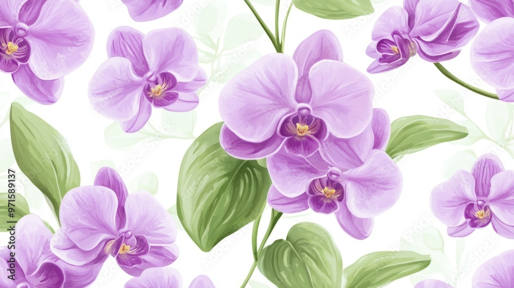 Floral pattern with purple orchids and light green leaves generative ai Floral pattern with purple orchids and light green leaves generative ai