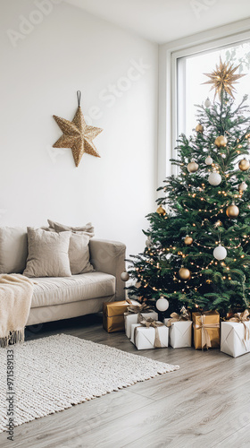 Cozy modern Christmas interior with decorated tree and gifts