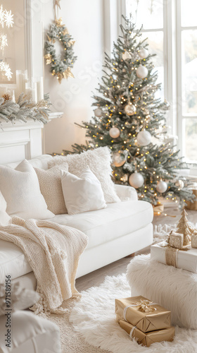 Bright modern Christmas living room with white and gold decor, featuring cozy sofa and beautifully decorated tree