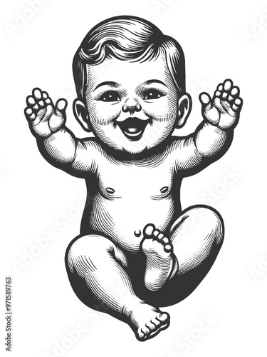 happy baby laughing while sitting, capturing the joy and innocence of early childhood sketch engraving generative ai vector illustration. Scratch board imitation. Black and white image.