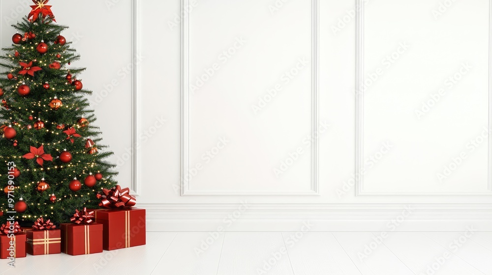 A beautifully decorated living room features a Christmas tree adorned with ornaments and presents beside a stylish white couch against large windows A beautifully decorated living room features a Christmas tree adorned with ornaments and presents beside a stylish white couch against large windows