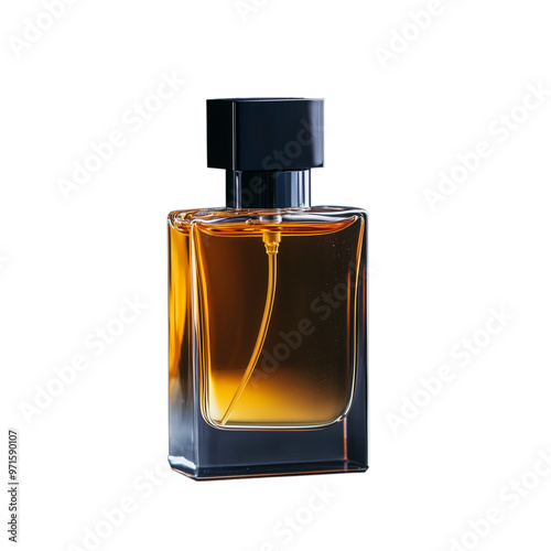 Elegant perfume bottle with amber liquid isolated on transparent background for luxury fragrance