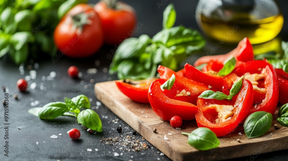 Juicy Roasted Red Pepper Slices with Charred and Sweet Finish on Wooden Board Juicy Roasted Red Pepper Slices with Charred and Sweet Finish on Wooden Board