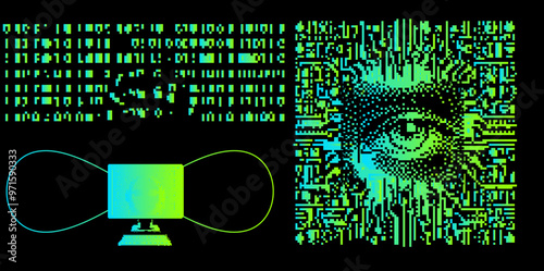 Pixelated eye and infinity symbol in a lime green outline. Abstract artwork in black and turquoise colors representing the theme of modern technology. 