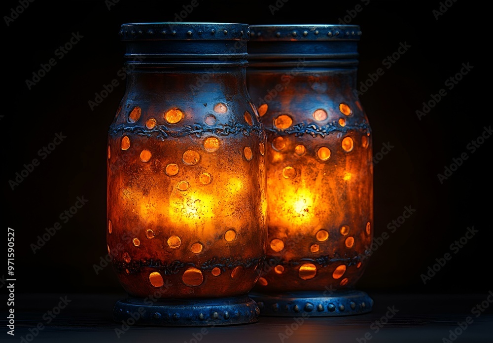 two glass jars with lit candles. two glass jars with lit candles.
