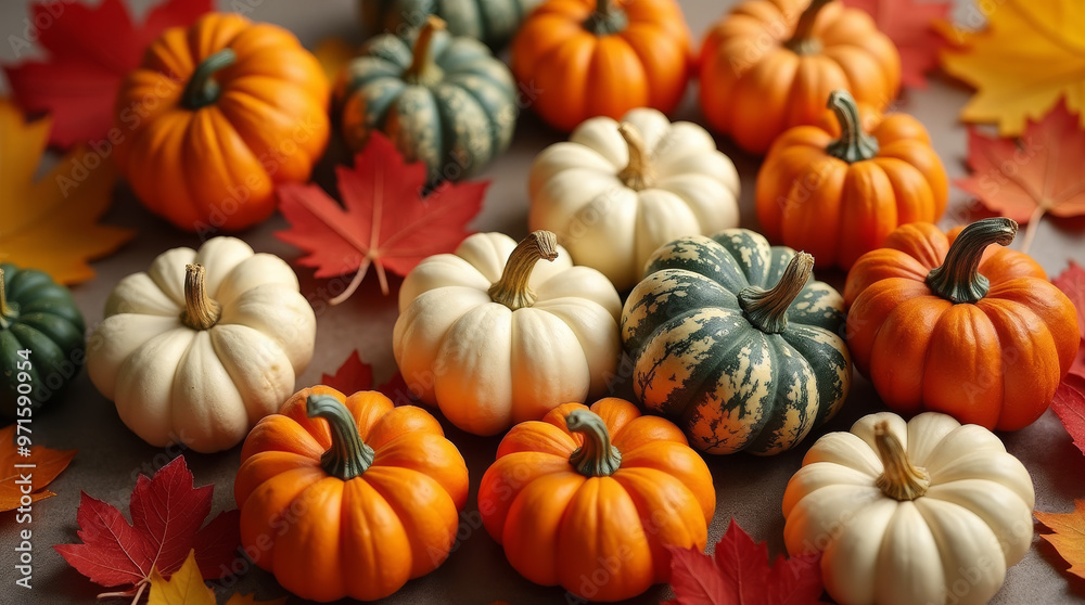 Herbstliche Kürbisse und bunte Blätter Herbstliche Kürbisse und bunte Blätter