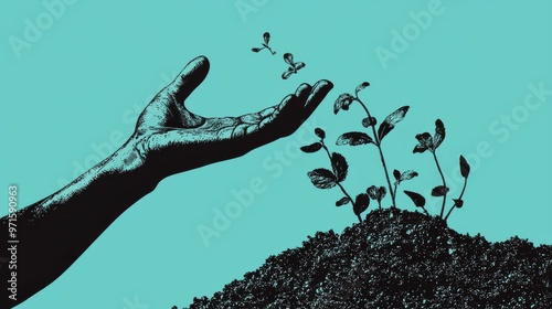 Words as Seeds of Action: A hand releasing words like seeds into the ground, and as they take root, they grow into various actions like hands reaching out or feet stepping forward