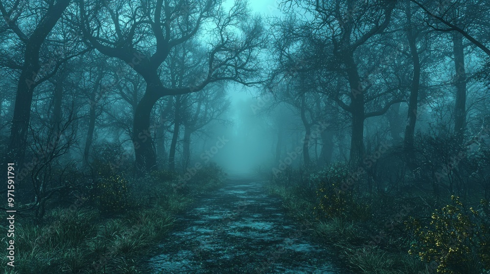 Obraz premium The Enchanting Path Through a Mystical Forest, Digital Painting, Mysterious Forest, Blue Mist, Path, Trees, Forest