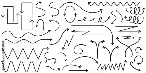 Collection of arrows with curves, zigzags, circles, hand drown in black as a vector illustration
