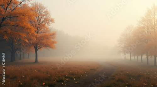 Herbstliche Nebellandschaft mit bunten Bäumen photo