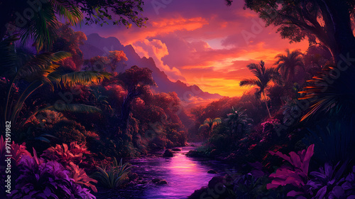 Sunset Jungle with Glowing Trees and Dreamy Colors