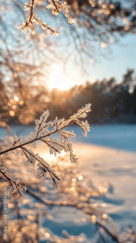 Frozen branch sparkling in the golden light of winter sunset Frozen branch sparkling in the golden light of winter sunset