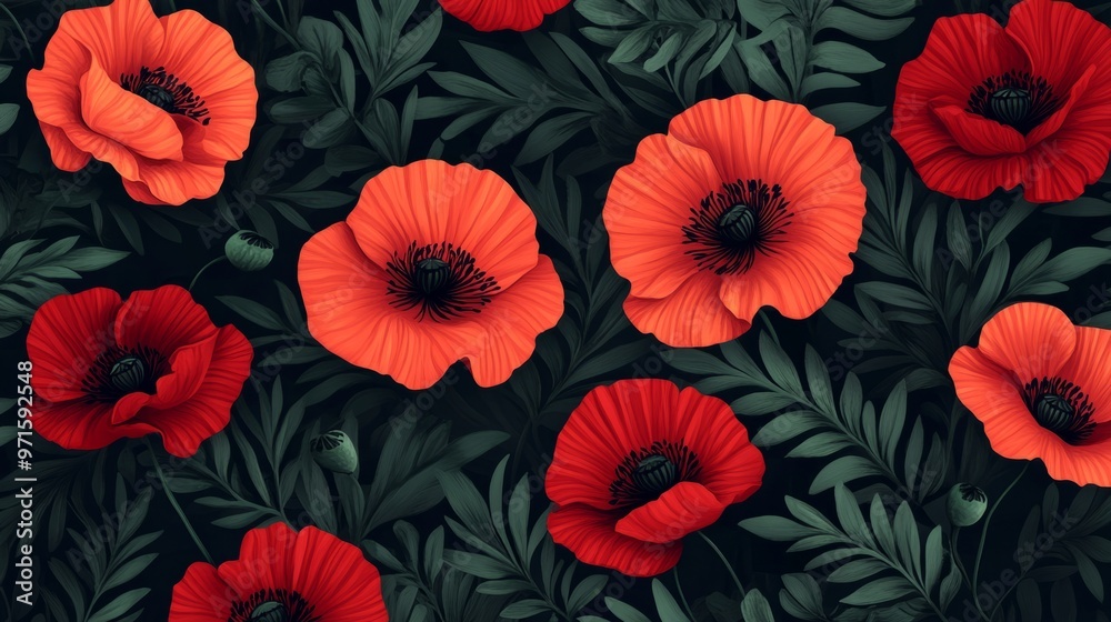 Floral pattern with red poppies and dark green leaves generative ai Floral pattern with red poppies and dark green leaves generative ai