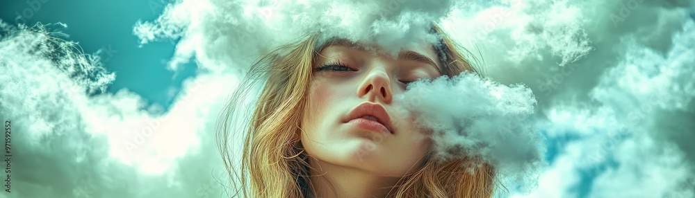 Woman's Face Merged with Clouds, Surrealism, Dreamy, Photography, Art ,Surrealism, Clouds