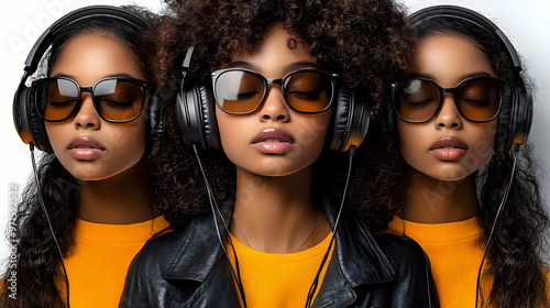 Three women with curly hair wearing sunglasses and headphones, expressing relaxation and style.