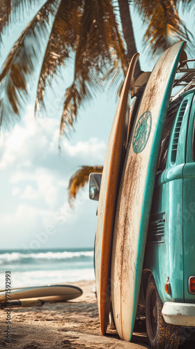 Quadro su tela Classic surfboards leaning against vintage van by beach, evoking laid back vibe