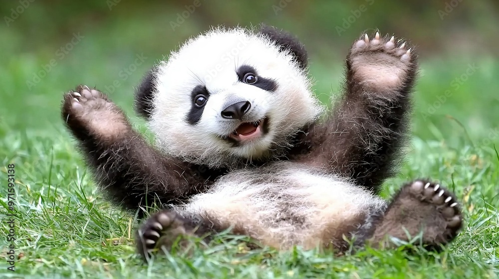 Obraz premium A panda bear sitting in grass with arms raised and front paws up