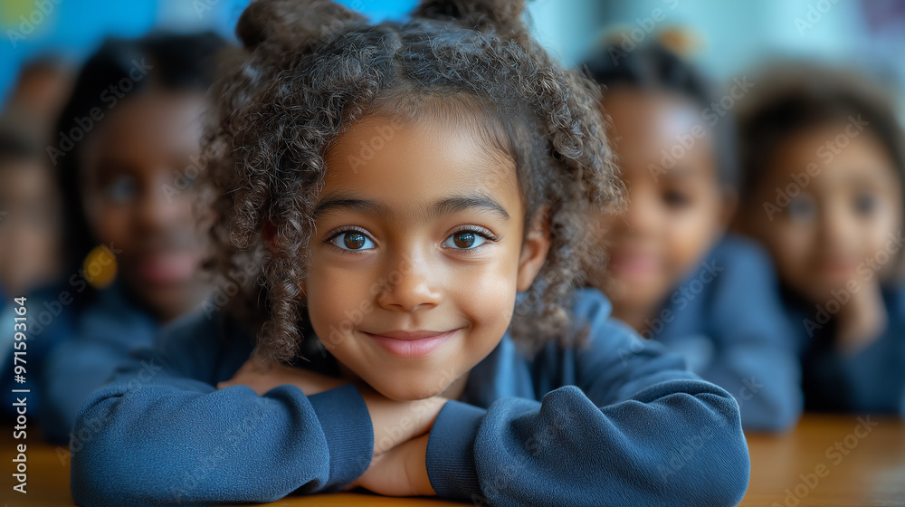 Close Up Portrait of Joyful small Afro American Schoolgirl with curly hair sitting at classroom with her Classmates. Back to School Concept. Selective Focus. Close Up Portrait of Joyful small Afro American Schoolgirl with curly hair sitting at classroom with her Classmates. Back to School Concept. Selective Focus.
