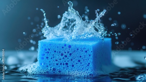 Blue Sponge Absorbing Water.